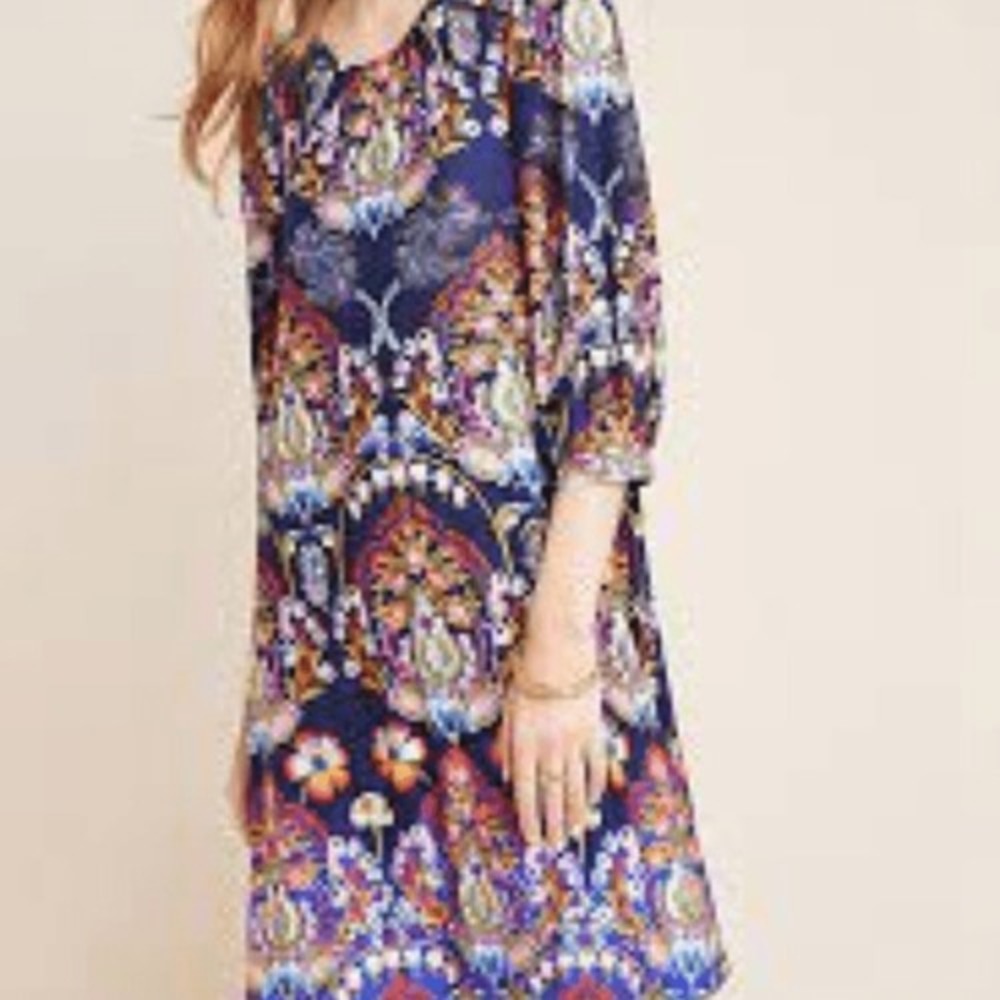 Maeve Anthropologie Navy Blue Paisley Floral Puff Sleeve Shift Dress Small